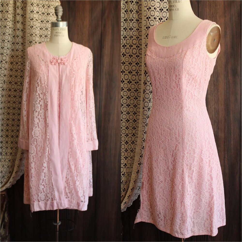 Vintage 1960s Vintage Dress and Jacket, Lilli Diamond Pink Lace Designer Frock